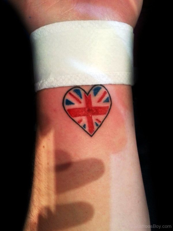 British Flag Heart Tattoo On Wrist